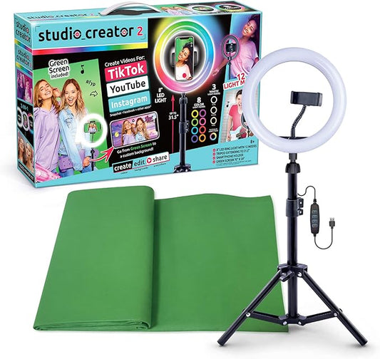 Canal Toys New So DIY TikTok Instagram YouTube Multicolored Ring Light with Green Screen and Phone Mount Tripod. Studio Creator 2 Influencer Video Creator Kit