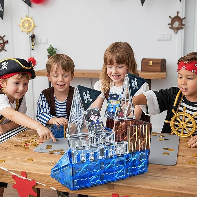 Bmag Magnetic Tiles for Kids,32 PCS Pirate Set with 3D Magnet Building Blocks, STEM Educational Toys for Preschool Learning, Gift for Boys & Girls Age 3 4 5+