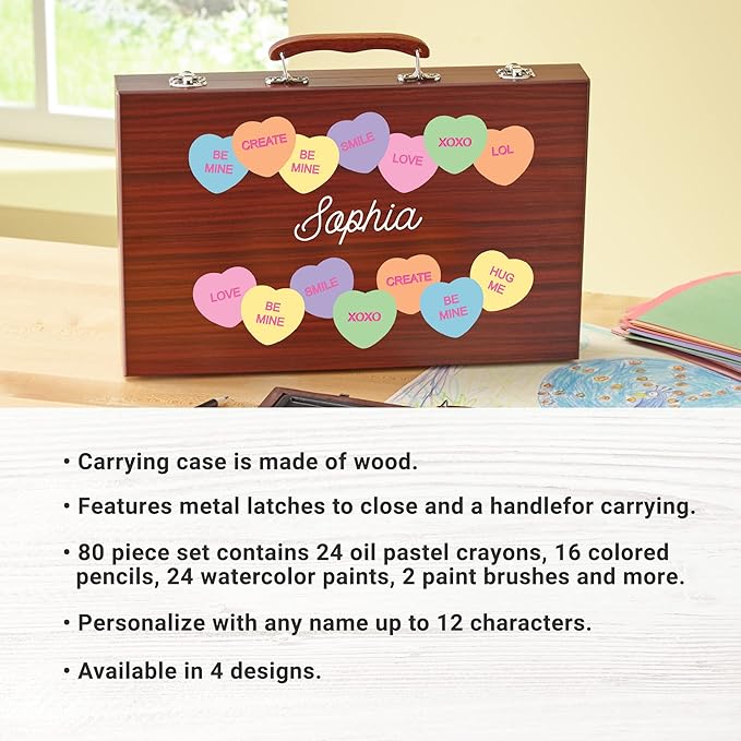 Let's Make Memories Personalized 80-Piece Deluxe Art Set - for Kids - Wood Carrying Case - Oil Crayons, Colored Pencils, Watercolors - Arts & Crafts - Add Their Name - Love Bug