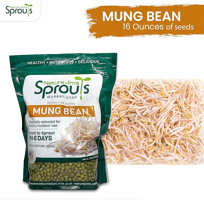 Nature Jims Sprouts Mung Bean Sprouting Seeds – Non-GMO Mung Beans for Growing Nutritious, Fresh Sprouts – Packed with Vitamins, Minerals & Fiber – Premium Resealable Bag for Longer Freshness – 16 Oz