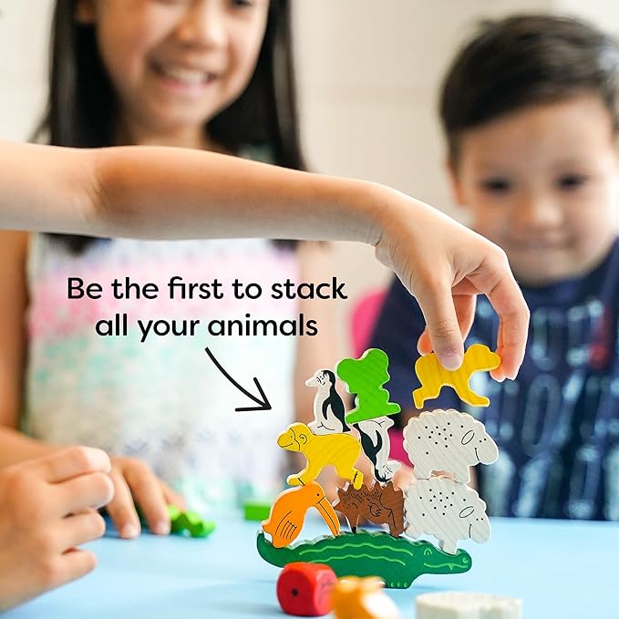 HABA Animal Upon Animal Game - Classic Wooden Tower Stack Game for Kids and Adults, STEM & Dexterity Party Activity for Ages 4+, Compact On The Go Edition