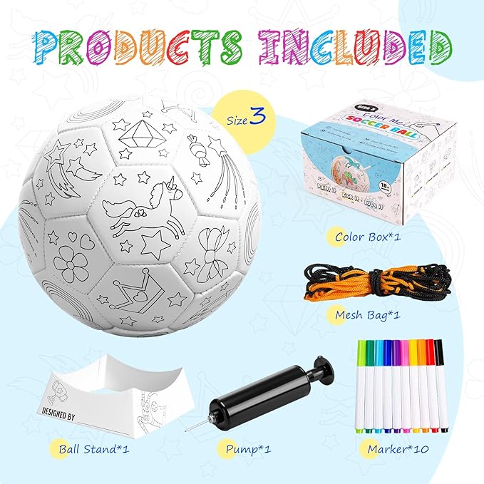 ZOOJOY Color Your Own Soccer Ball with Markers, Soccer Gifts for Girls Boys, Size 3 Unicorn Paint Personalized Arts and Crafts Kit for Kids, Ball Game Birthday Gift Toys for Toddlers 3-10