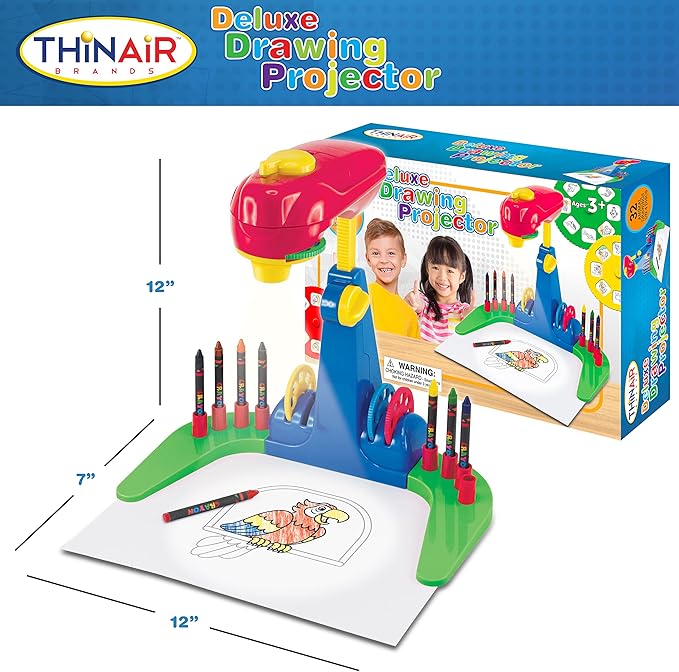 Thin Air Brands Drawing Projector for Kids 3 & Up | Preschool Tracing Projector Kit Includes 32 Animal Drawings on 4 Sturdy Discs, 8 Crayons & 1 Pad of Drawing Paper for Fun Play-Based Learning