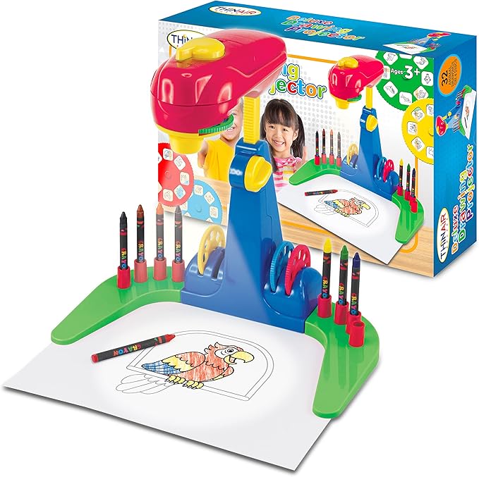 Thin Air Brands Drawing Projector for Kids 3 & Up | Preschool Tracing Projector Kit Includes 32 Animal Drawings on 4 Sturdy Discs, 8 Crayons & 1 Pad of Drawing Paper for Fun Play-Based Learning