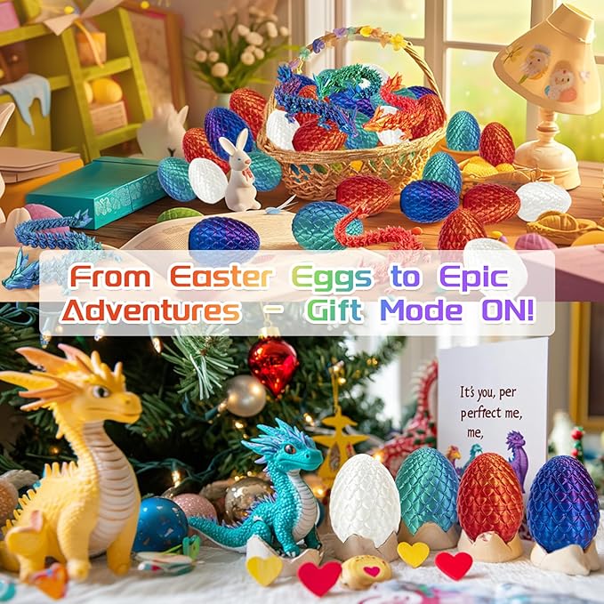 3D Printed Dragon with Egg, 4 PCS 3D Printed Fantasy Animals, Fidget Toy for Boys Girls Adult, Office Desktop Decoration Easter Basket Stuffers Graduation Gift for Teens
