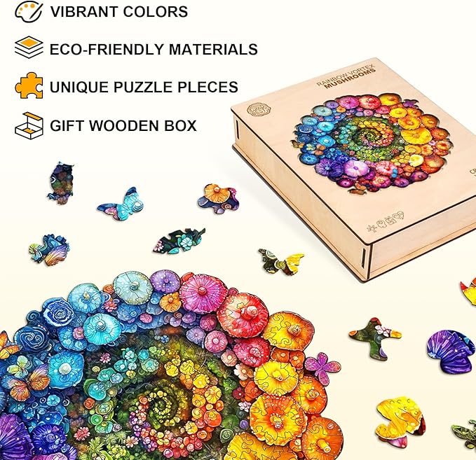 Wooden Puzzle for Adults-Wooden Puzzle Unique Shape Advanced Rainbow Vortex Mushrooms Wooden Jigsaw Puzzle for Adult, Wood Puzzles,Challenge Wooden Jigsaw Puzzle(M-11.4 * 11.1in 190pcs)