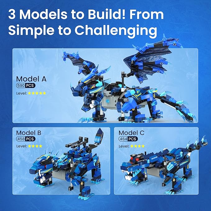 Sillbird Dragon Building Kit with Remote Control STEM Gifts for Kids Boys Ages 8-12, Technic Buildable 3in1 Models Coding Toys for Birthday with 590 Pieces