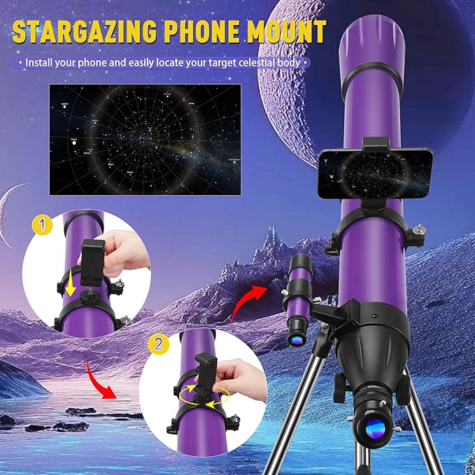 Telescope, Telescope for Adults High Powered, 90mm Aperture 1000mm Astronomical Refractor Telescopes for Beginners, Magnification 500X, with Three Eyepieces, Phone Adapter & Carrying Bag