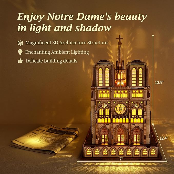LED 3D Wood Puzzle - Notre Dame de Paris Architecture Model-Night Edition with LED Lighting- DIY Building Model Craft Kit, Architecture Building Set