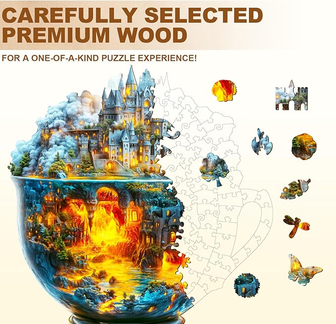Wooden Puzzles for Adults 165 Pices, 3D Magic Cup Wooden Jigsaw Puzzle, Unique Shape Magic Cup Irregular Jigsaw Puzzles, Flat Puzzels with 3D Visual Effect, Finished Puzzle Size is 11.4 * 11.3in