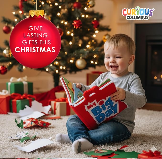 Curious Columbus Quiet Book for Toddlers – Large Fabric Montessori Activity Book with 10 Pages for Learning and Quiet Play, Airplane and Road Trip Travel Toy