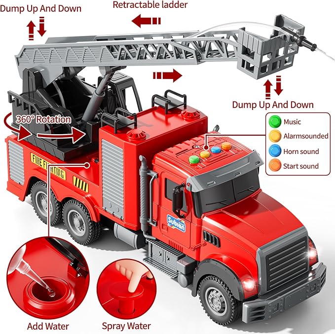 Kids Fire Truck Toy Friction Powered Fire Rescue Truck Vehicle Toy with Lights and Sirens Sounds, Water Pump, Ladder, Gifts for 3 4 5 6 7 8 Years Old Boys Girls