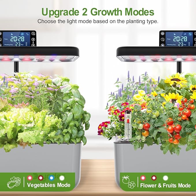 Hydroponic Growing System Kit with Operation Screen + 3 Free Seeds (Lettuce, Salad Mixed, Basil), 12 Pods Indoor Smart Gardening Herb Planter, 24W Full Spectrum LED Grow Light Growing System (Silver)