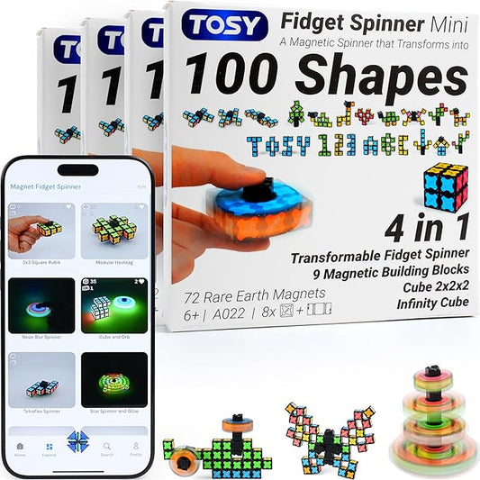 TOSY Magnet Fidget Spinner Mini - 8 Blocks, 3in1 Toy: Transformable Fidget Spinner, Infinity/Puzzle Cube, Christmas Stocking Stuffers Gift for Kids/Adults, STEM Sensory Stress Relief Toy, 4-Pack