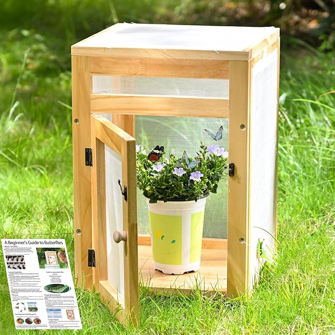 Butterfly Habitat Cage Kit - 15.7" Monarch Caterpillar House with Wooden Frame & Mesh Enclosure, Grow Tent for Hatching Butterflies, Kids Observation & Garden Insect Cages (Includes Guide)