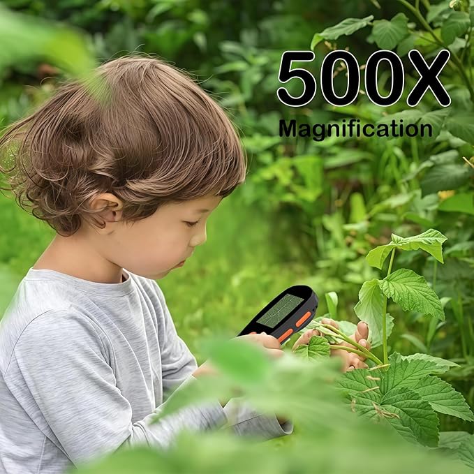 Handheld Digital Microscope with 2.0 Inch IPS Color Screen, Portable Magnifying Glass for Kids, 500x Magnification, 8 Adjustable 3-Level LED Lights, USB Compatible with PC Windows and Mac OS