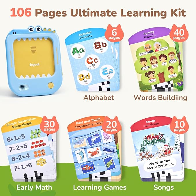 JoyCat Bilingual Kids Learning Tablet, 106 Pages Spanish & English Talking Cards with 20 Interactive Games, Montessori Toy for Alphabet, Words, Numbers, Colors & Songs, Learning Gifts for Toddler 2-6