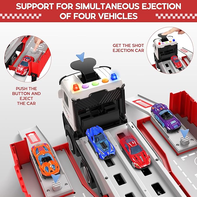 Carrier Truck Race Track Kids Toys, Foldable 3 Layer Toddler Track Playset, Toy Truck Transport Car Carrier & 8 Race Cars, Truck Car Toddlers Toys Xmas Gifts for Age 3 4 5 6+ Years Old Boys Girls