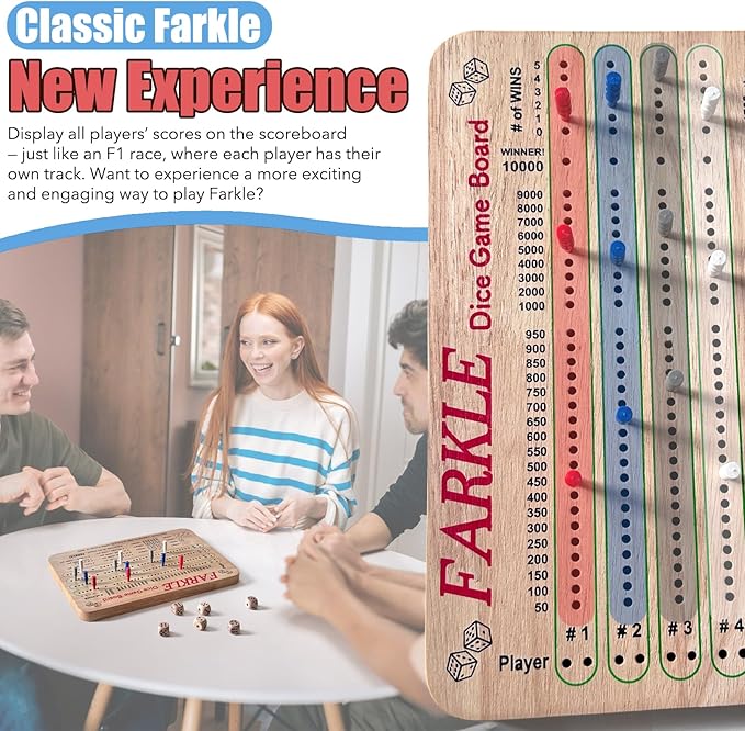 Tuiiopoli Farkle Dice Scoreboard Set, Paper& Pens- Free Design 4 Sets of Colored Player Pegs 6 Wooden Dice for Game Night Party Travel (Original Oak)