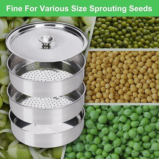 EBaokuup 3-Tier Stainless Steel Seed Sprouting Tray Kit-5.4" x 8.3" Stackable Seed Sprouting Kit with Drain Holes-Seed Sprouting Germination Tray for Growing Broccoli Alfalfa Mung Beans
