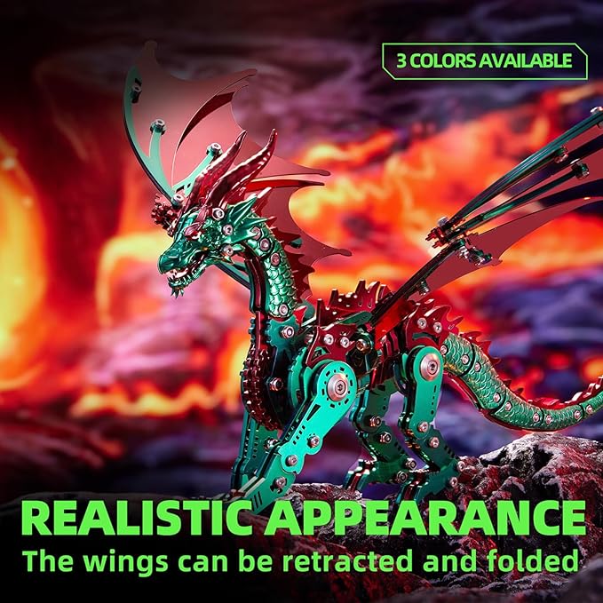 OreilleStar 3D Metal Dragon Puzzle, Mechanical Model Building Kit, Green and Red Assembly Puzzle for Adults Gift (Green Red Dragon)