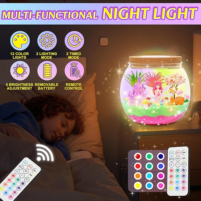 Gifmore Fairy Terrarium Kit for Kids with LED Night Light & Remote Control, Fairy Toys & Arts and Crafts for Girls Ages 4-12, Creative Birthday Christmas Gifts for Kids