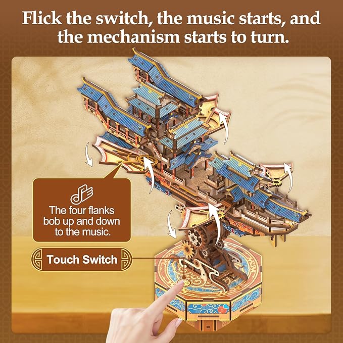 Tonecheer 3D Wooden Puzzle for Adults, DIY Japanese Wooden Ship Model Kit with Music, Orien Airship Vintage Movable Building Kit Best Gift Ideas for Boys and Men - Wind Voyager
