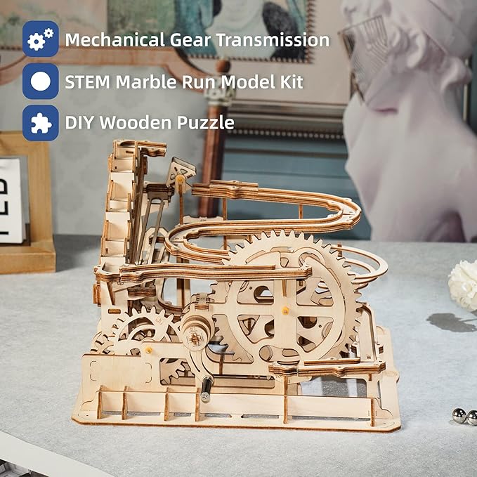 Rowood 3D Puzzles for Adults, Wooden Marblr Run Model Kit, DIY Building Kits for Adults to Build, Craft Gift for Age 14+, Waterwheel Coaster