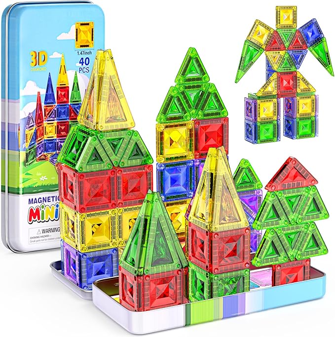Sparkling Diamond Mini Magnetic Tiles, 40PCS Travel Magnetic Tiles with Metal Case, Portable On-The-Go Magnet Tiles, STEM Educational Construction Set Travel Toys for Kids, Boys and Girls Ages 3+