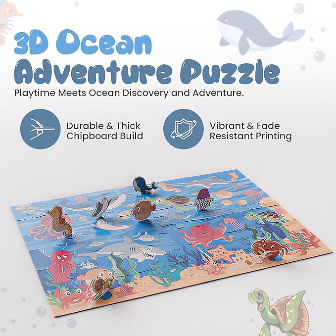 Jumbo 3D Ocean Floor Puzzle for Kids – Includes 7 Stand-Up Sea Animals - 48 pc Jumbo Jigsaw Puzzle | Educational Screen Free Activity for Toddler, Preschoolers and Kids Ages 3+ (2 x 3 Feet)