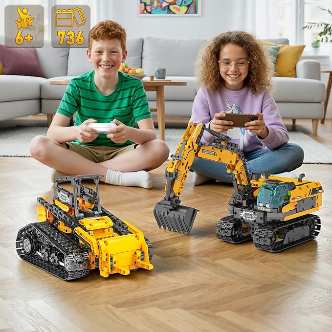 5in1 STEM Robot Building Toys for Kids 6-12, App & Remote Control STEM Excavator Bulldozer Crane Robot Building Kits, 736PCS DIY Educational Construction Building Sets, Erector Set Gift for Boys Girls