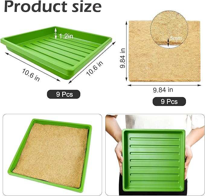 9Set Microgreens Growing Mat with Tray, Microgreen Growing Kit 10″×10″ Wheatgrass Seed Sprouting Starter Mat Hemp Fiber Grow Hydroponic Jute Pad Indoor Organic Production for Germination Sprouts(G)