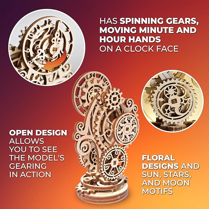 UGEARS Steampunk Clock 3D Wooden Puzzles for Adults - Wooden Model Kits for Adults Mechanical Build a Clock Kit Steampunk Decor Clocks Puzzle Brain Teaser, Hobby Set Home Decoration