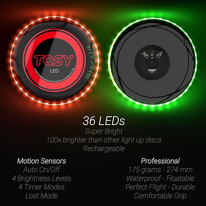 TOSY Bundle of 3-2X Green + Blue - Flying Disc 36 LEDs, Super Bright, Smart Modes, Auto Light Up, Rechargeable, Cool Fun Christmas, Birthday & Camping Gift for Men/Boys/Teens/Kids, 175g Frisbee