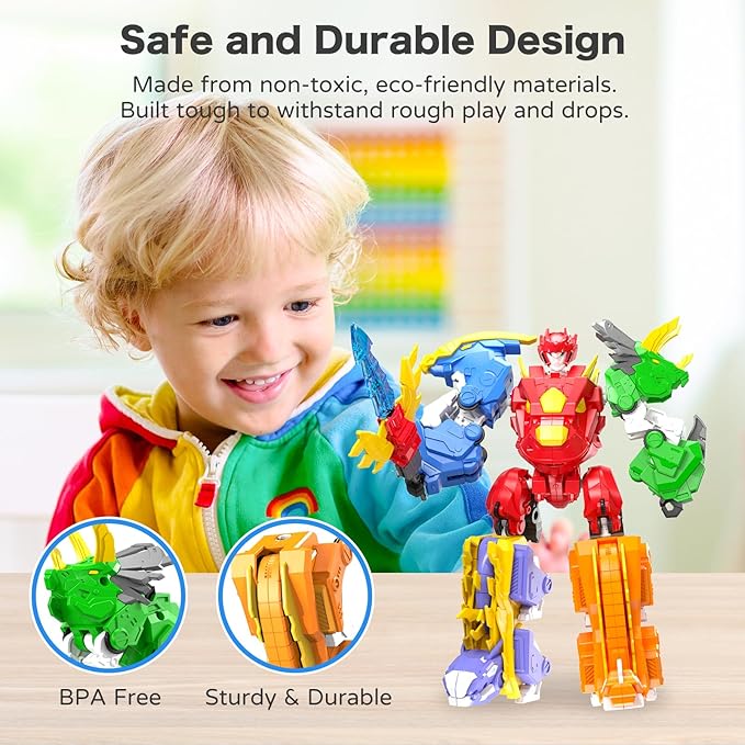 5-in-1 Transforming Dinosaur Robot Toys, STEM Building Kit with Triceratops Action Figures, Safe Set for Kids Boys Girls Age 3+ Boys & Girls, Birthday for Toddlers