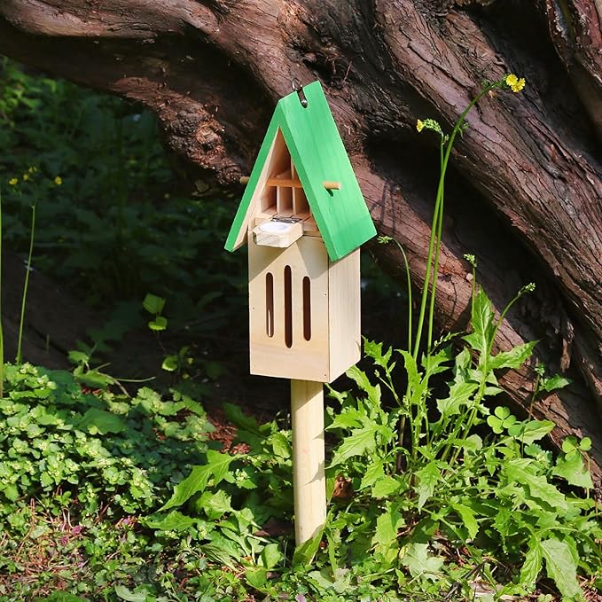 Wooden Butterfly House with Feeder – Outdoor Butterfly Habitat for Garden, Includes Ground Stake & Hanging Hook, Natural Garden Decor