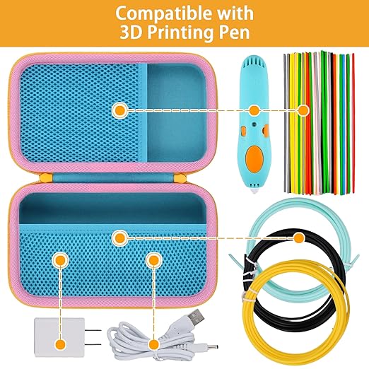Case Compatible with 3Doodler Start+ Essentials/3Doodler Flow 3D Printing Pen,Storage Holder for 3D Pen PLA Filament and Charger (Blue Case,Yellow Zipper)