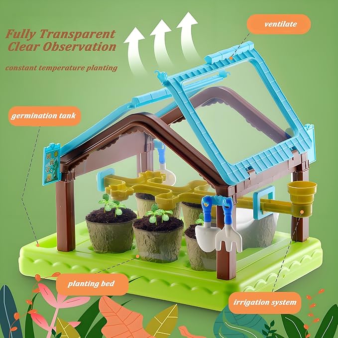 Kids Plant Growing Kit Greenhouse Growing Set with Drip Irrigation System and Grow Light Science Educational DIY Indoor Plant Gardening Toy for Kids