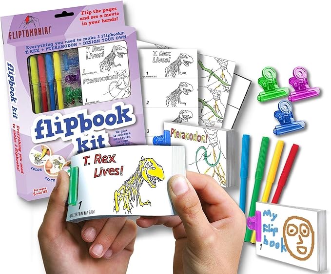 Fliptomania Bundle of 3 Flipbook Kits for Kids - Rocket & Robot, Frog and Butterfly, Dinosaurs - Save 15%