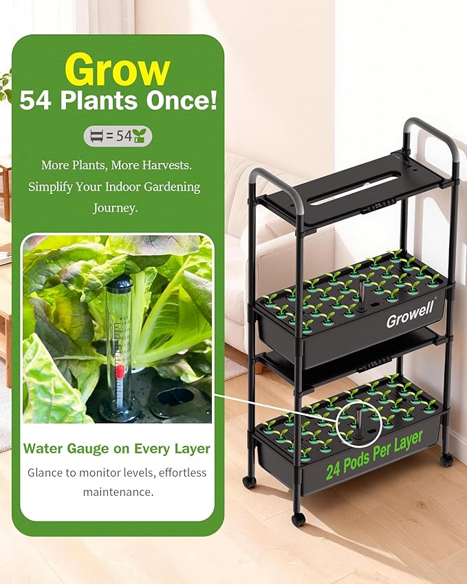 Large Hydroponics Growing System Kit, Vertical Indoor Herb Garden Kit with LED Grow Light & Independent Water Pump, 28L Movable Indoor Planter Perfect Gardening Gifts (2 Tier-54 Pods Black)