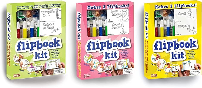 Fliptomania Bundle of 3 Flipbook Kits for Kids - Frog and Butterfly, Mona Lisa and Dancer, Basketball and Soccer - Save 15%