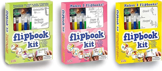 Fliptomania Bundle of 3 Flipbook Kits for Kids - Frog and Butterfly, Mona Lisa and Dancer, Basketball and Soccer - Save 15%