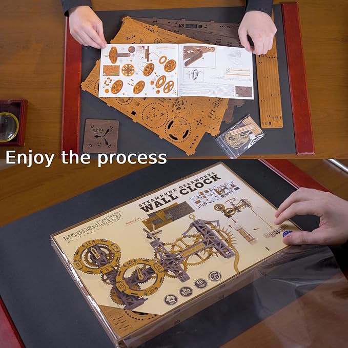 WOODEN.CITY Steampunk Gearworks 3D Wooden Puzzle Clock – DIY Wall Clock Model Kit – Build Your Own Clockwork Puzzle with Moving Gears – 288 Parts Mechanical Clock Building Kit for Adults