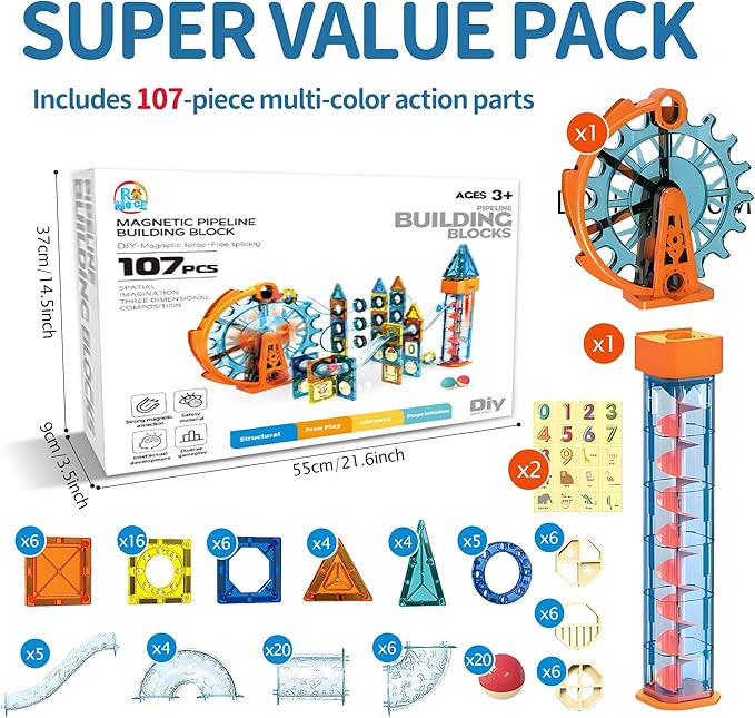 Motorized Marble Run Set, 107-Piece Magnetic Tile Building Toy with Ferris Wheel & Elevator, Marble Runs for Kids 4-8, Marble Maze Game Building Toy, Perfect STEM Educational Gift for Kids Ages 4-12