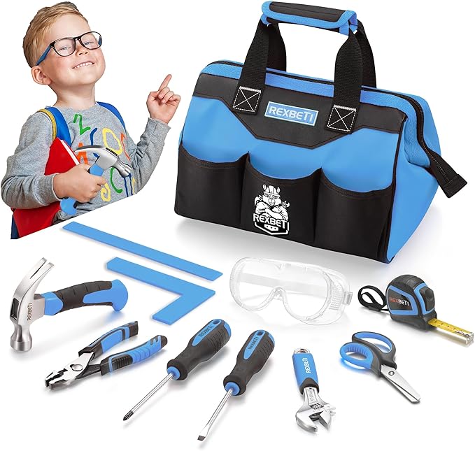 REXBETI 10-Piece Kids Tool Set with Real Hand Tools, Blue Durable Storage Bag, Children Learning Tool Kit for Home DIY and Woodworking,6+ Years Old Birthday Gift