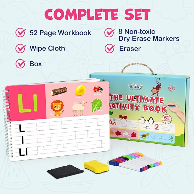 BenBen Preschool Learning Activities, 52 Pages, Tracing Books for Kids Ages 3-5, Kindergarten Workbooks, Toddler Writing Practice, Pre K Busy Book Educational Toys, Autism Learning Materials