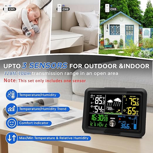 Digital Wireless Rain Gauge Outdoor, Home Weather Station Wireless Indoor Outdoor with Self-Emptying Rain Gauge, Thermometer, Barometer, Hygrometer, Atomic Clock, Weather Forecast and Alerts