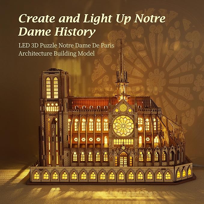 LED 3D Wood Puzzle - Notre Dame de Paris Architecture Model-Night Edition with LED Lighting- DIY Building Model Craft Kit, Architecture Building Set