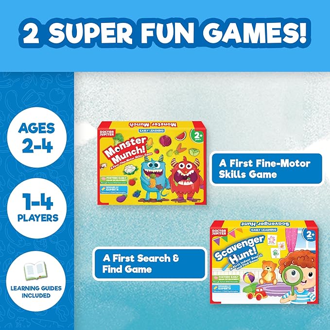 Doctor Jupiter My First Box of Games for Ages 2-4 | Set of Monster Munch, Scavenger Hunt Sight Word Board Games | Montessori Educational Toys, Learning Activites