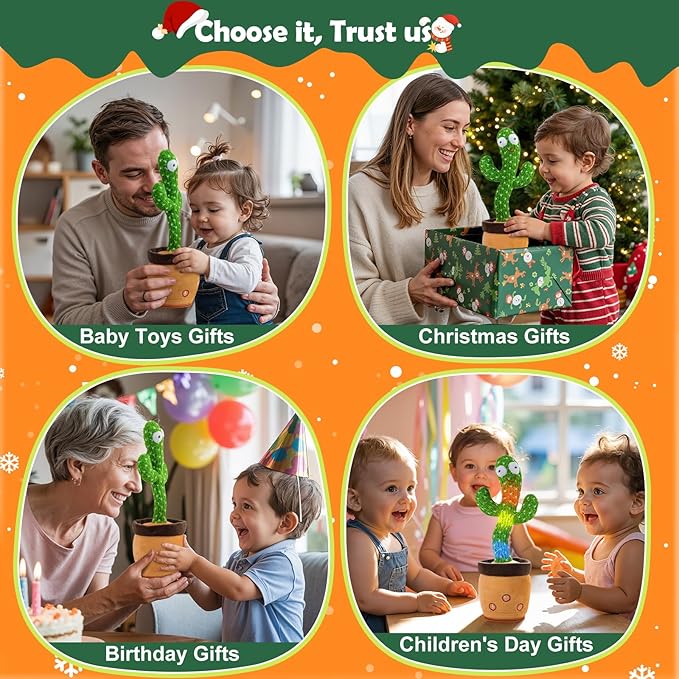 Rechargeable Dancing Talking Cactus Toy for Baby Toddler, Stocking Stuffers for Kids,Singing Mimicking Recording Repeating with 120 Songs, tummy time toys for Girls Boys, Birthday or Chirstmas Gifts